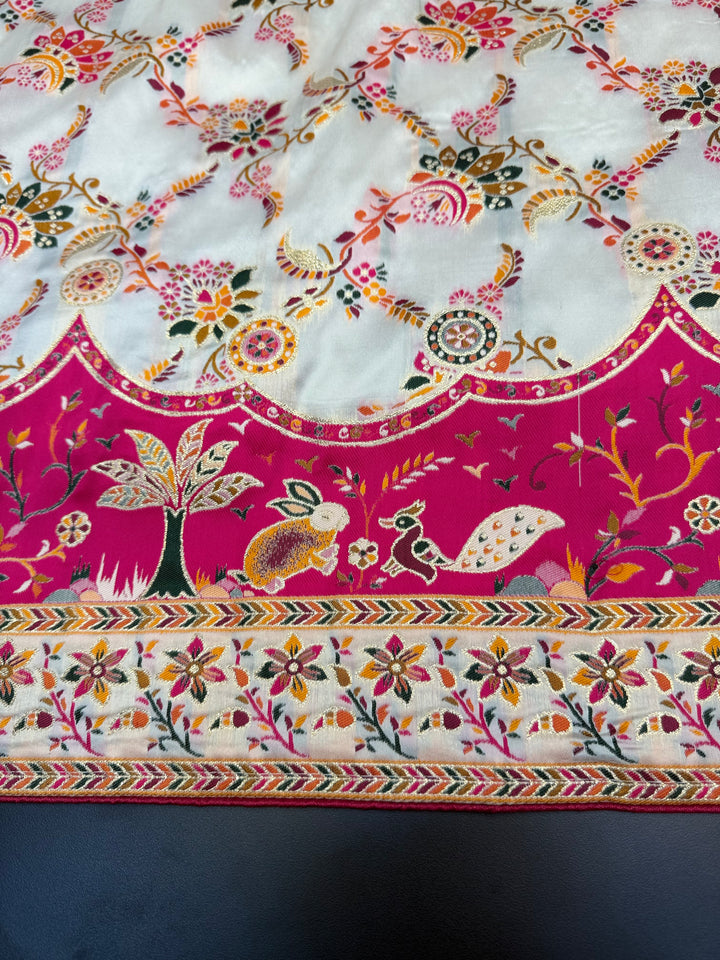 Festive Pashmina Saree with Rich Magenta Design &amp; Multicolor Floral Border