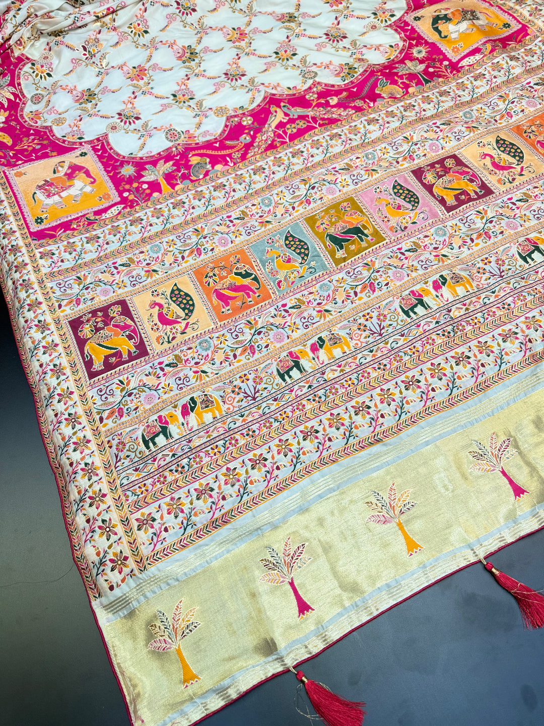Festive Pashmina Saree with Rich Magenta Design &amp; Multicolor Floral Border