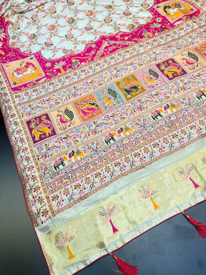 Festive Pashmina Saree with Rich Magenta Design &amp; Multicolor Floral Border