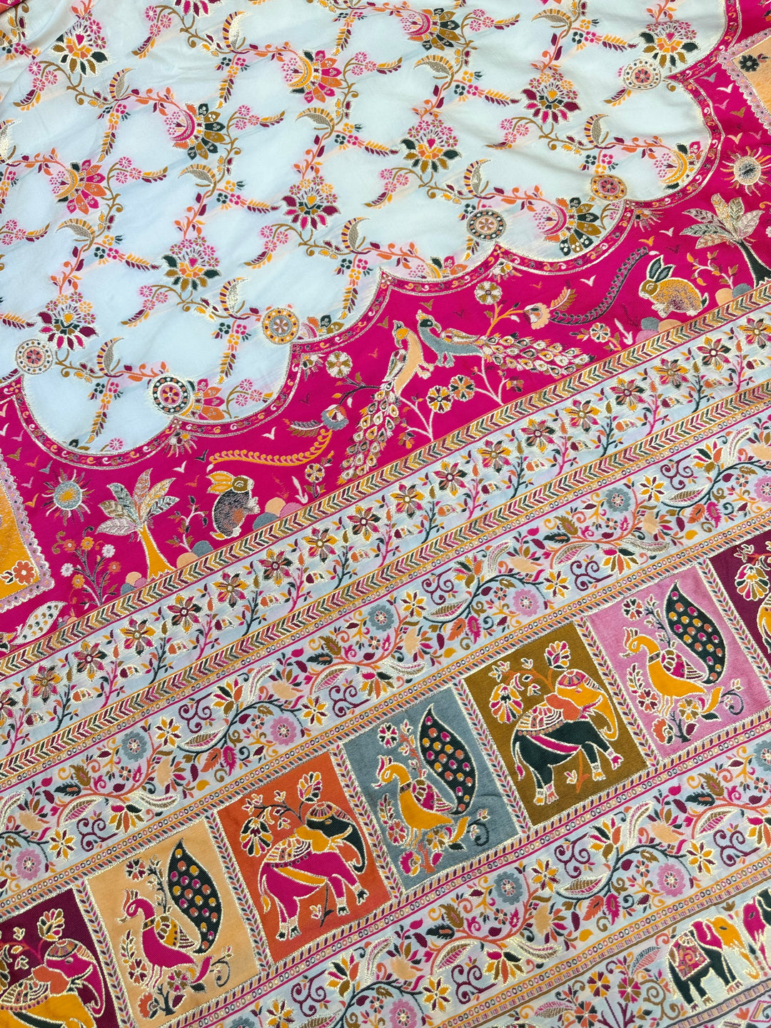 Festive Pashmina Saree with Rich Magenta Design &amp; Multicolor Floral Border