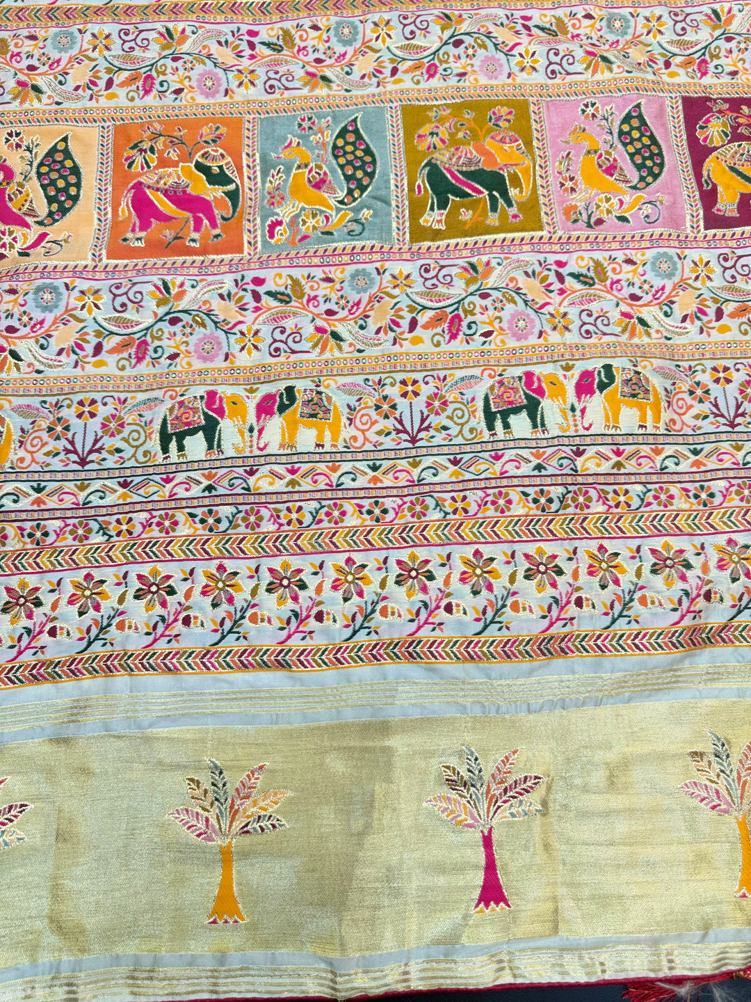 Festive Pashmina Saree with Rich Magenta Design &amp; Multicolor Floral Border