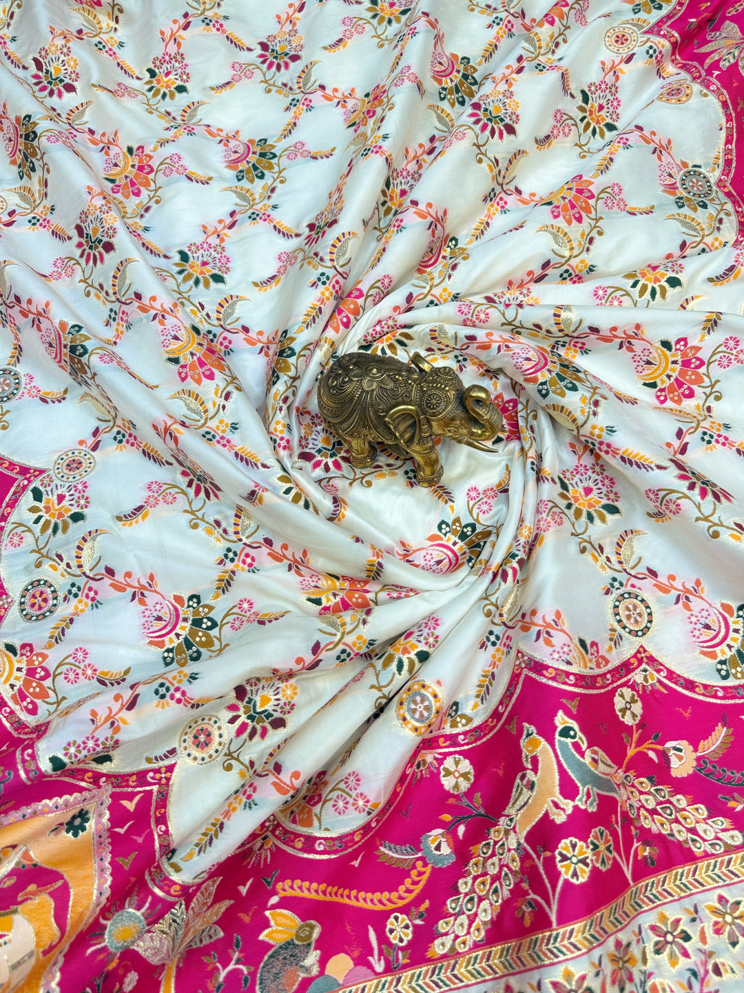 Festive Pashmina Saree with Rich Magenta Design &amp; Multicolor Floral Border