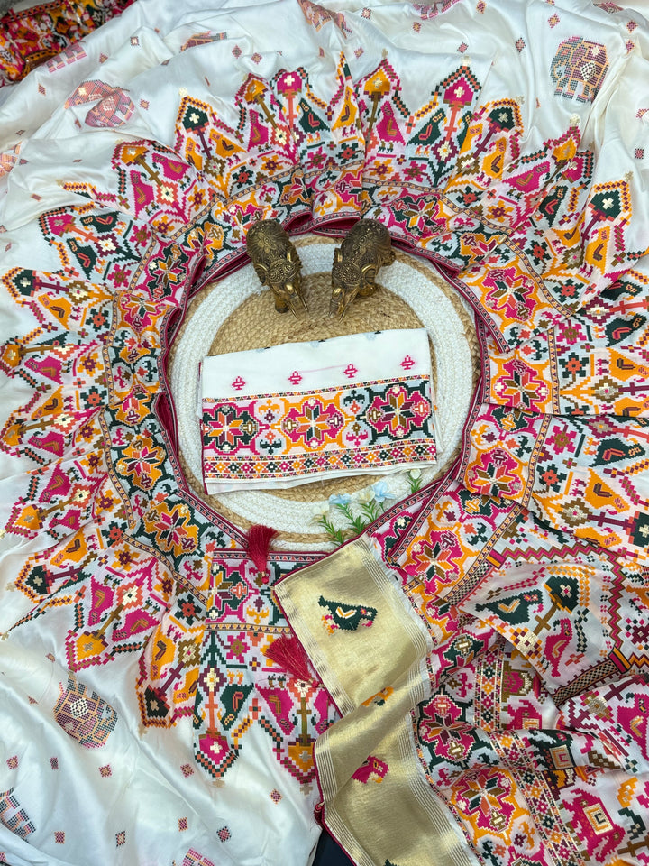 Premium Patola Design Pashmina Saree with Intricate Multicolor Woven Border &amp; Pallu