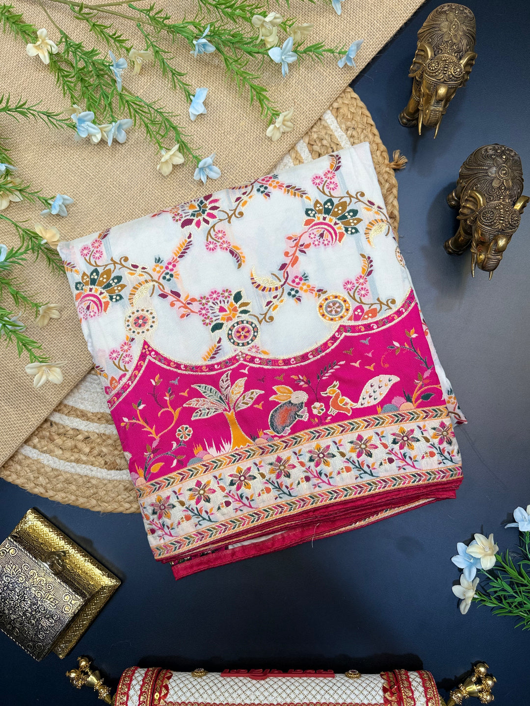 Floral Vine Design and Rich Pink Border Premium Pashmina Saree