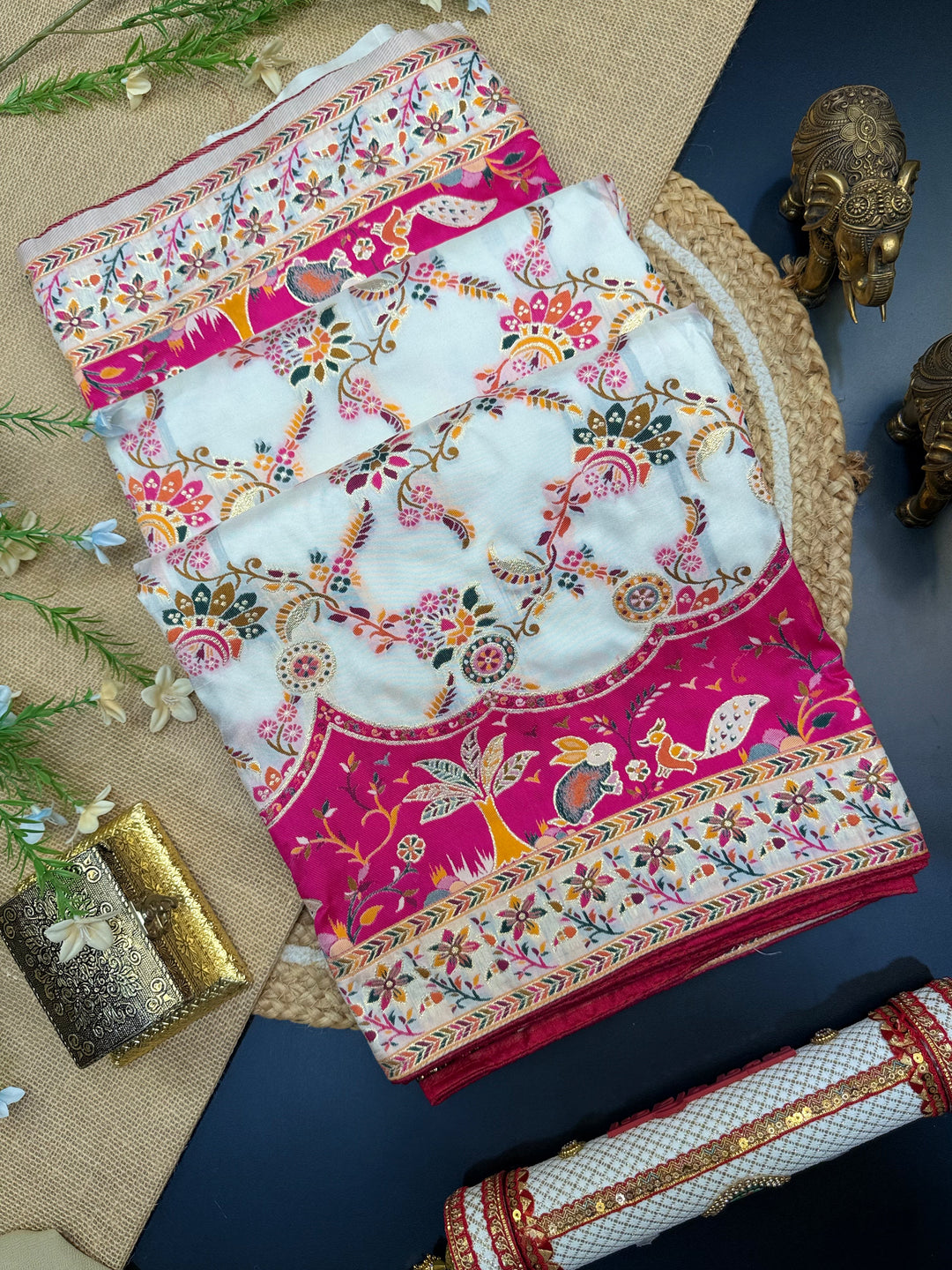 Floral Vine Design and Rich Pink Border Premium Pashmina Saree