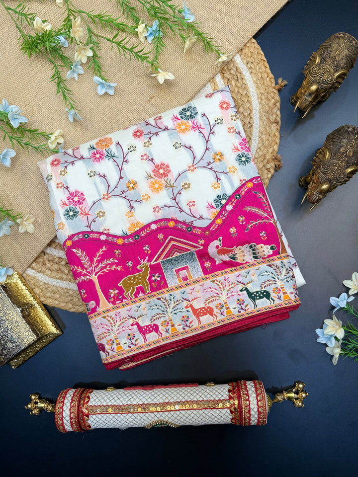 Exclusive Pashmina Saree with Floral Jequard Work &amp; Royal Pink Designer Pallu