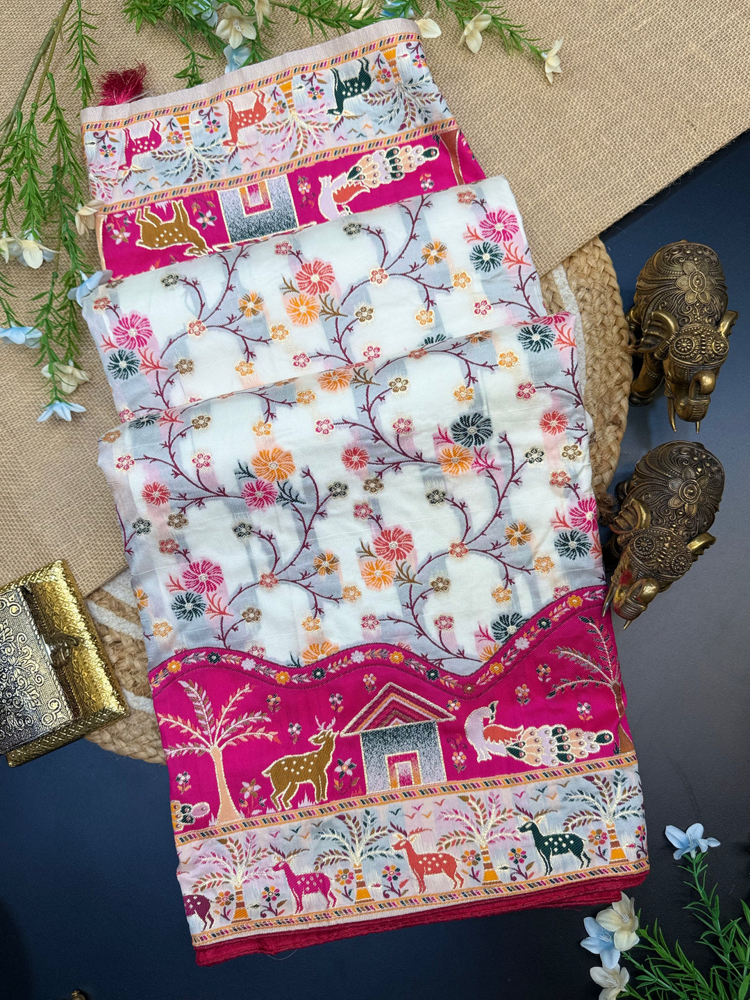 Exclusive Pashmina Saree with Floral Jequard Work &amp; Royal Pink Designer Pallu