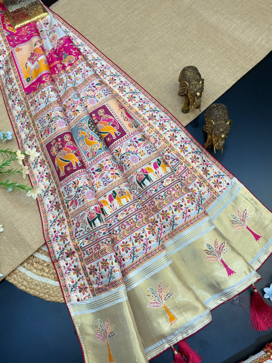 Floral Vine Design and Rich Pink Border Premium Pashmina Saree