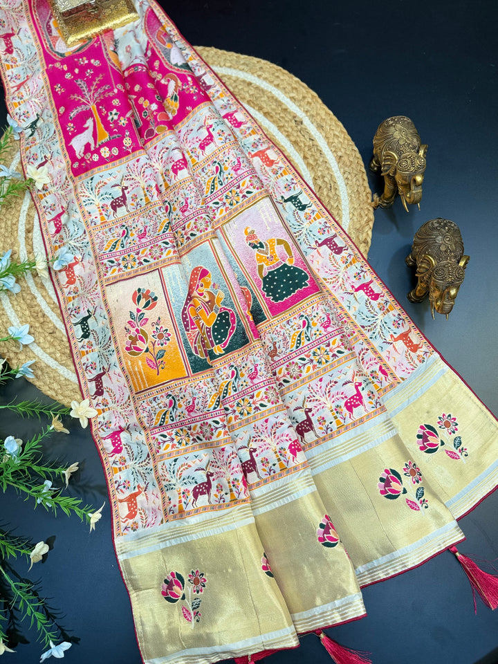 Exclusive Pashmina Saree with Floral Jequard Work &amp; Royal Pink Designer Pallu