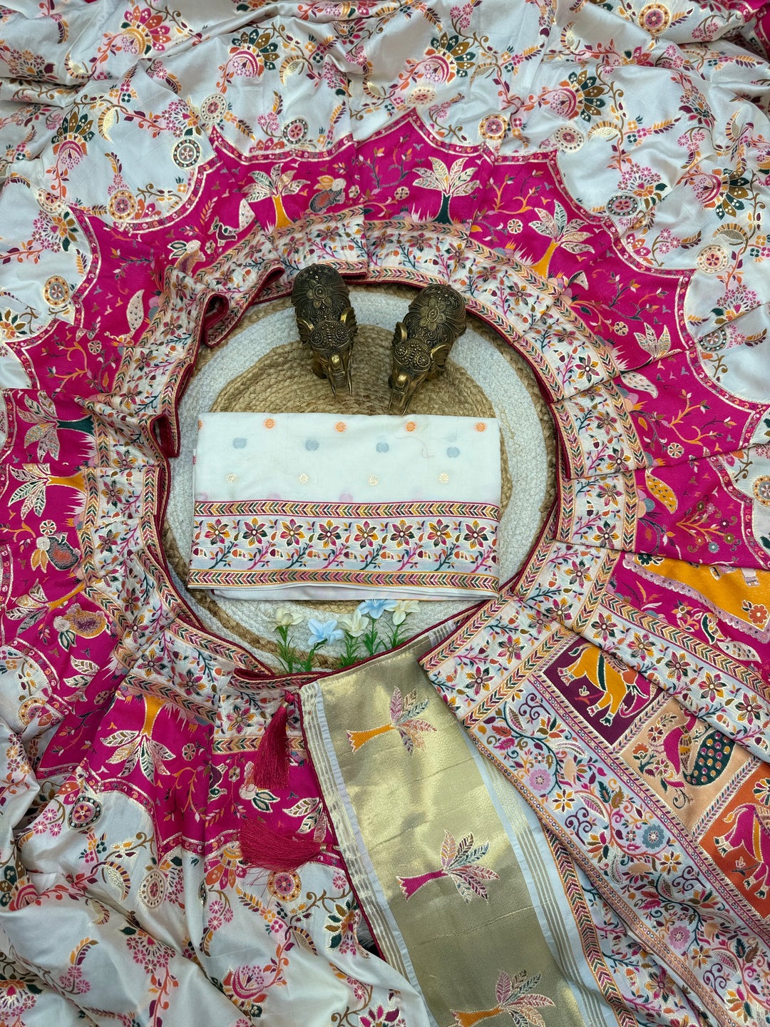 Floral Vine Design and Rich Pink Border Premium Pashmina Saree
