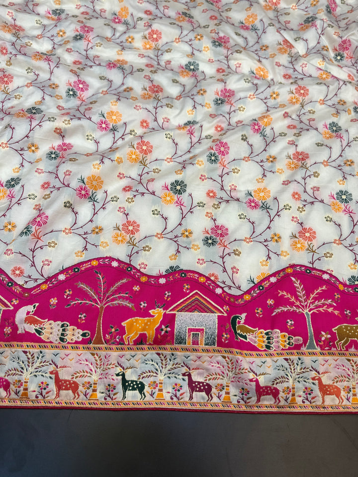 Exclusive Pashmina Saree with Floral Jequard Work &amp; Royal Pink Designer Pallu