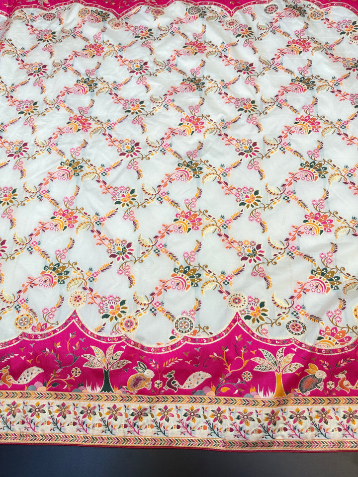 Floral Vine Design and Rich Pink Border Premium Pashmina Saree