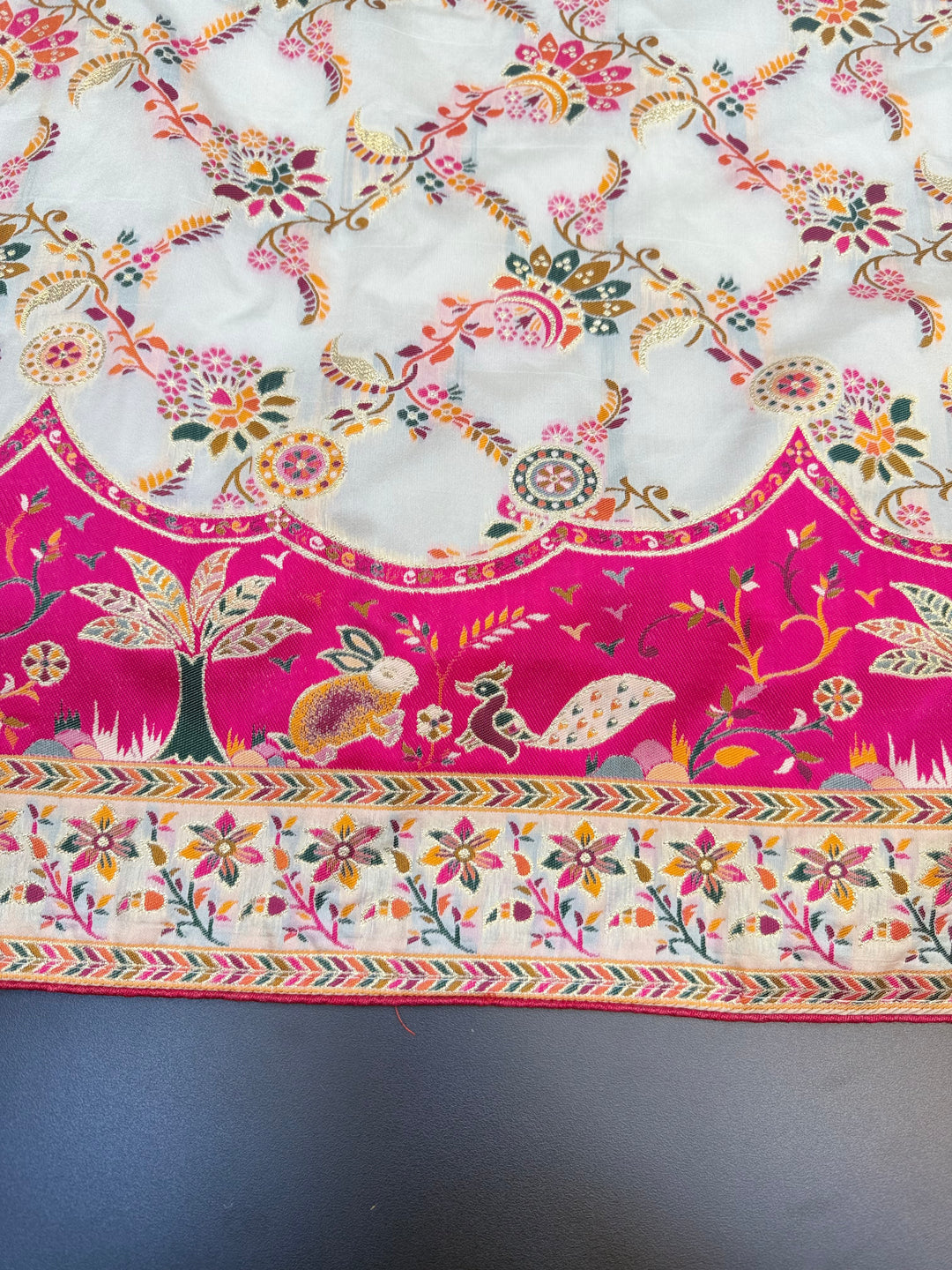 Floral Vine Design and Rich Pink Border Premium Pashmina Saree