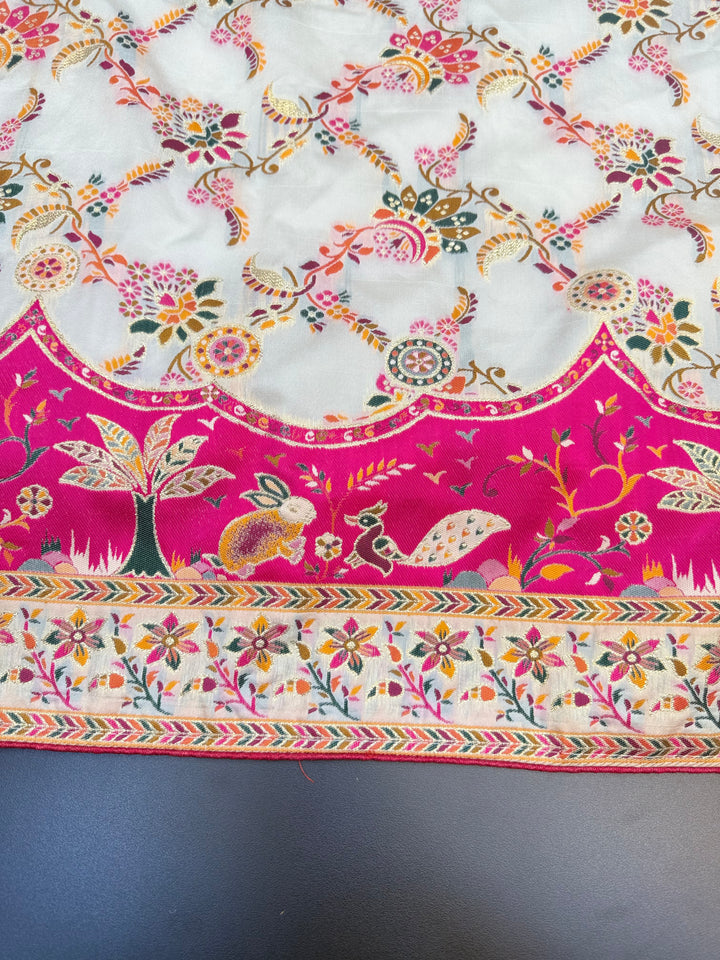 Floral Vine Design and Rich Pink Border Premium Pashmina Saree