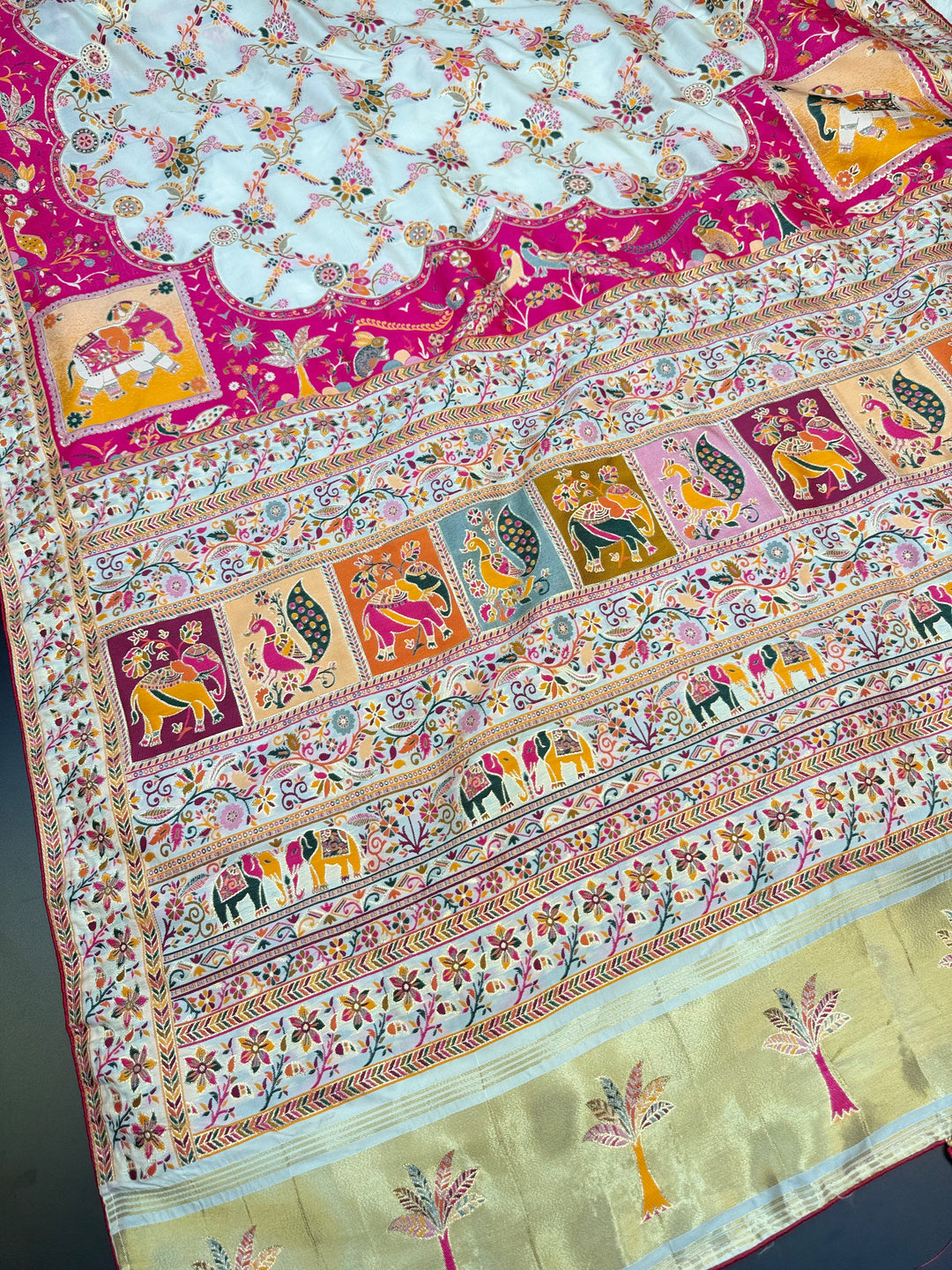 Floral Vine Design and Rich Pink Border Premium Pashmina Saree