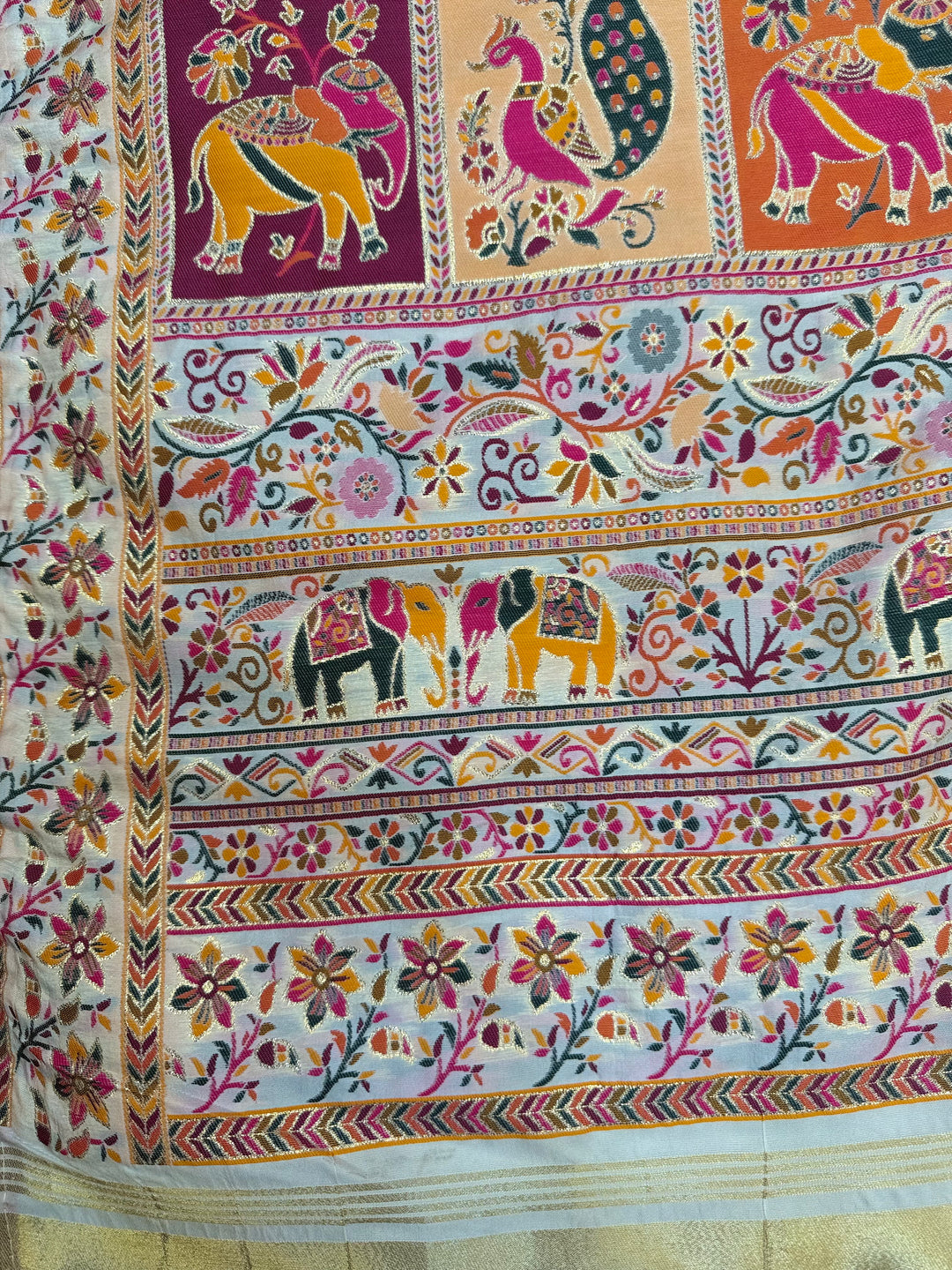 Floral Vine Design and Rich Pink Border Premium Pashmina Saree