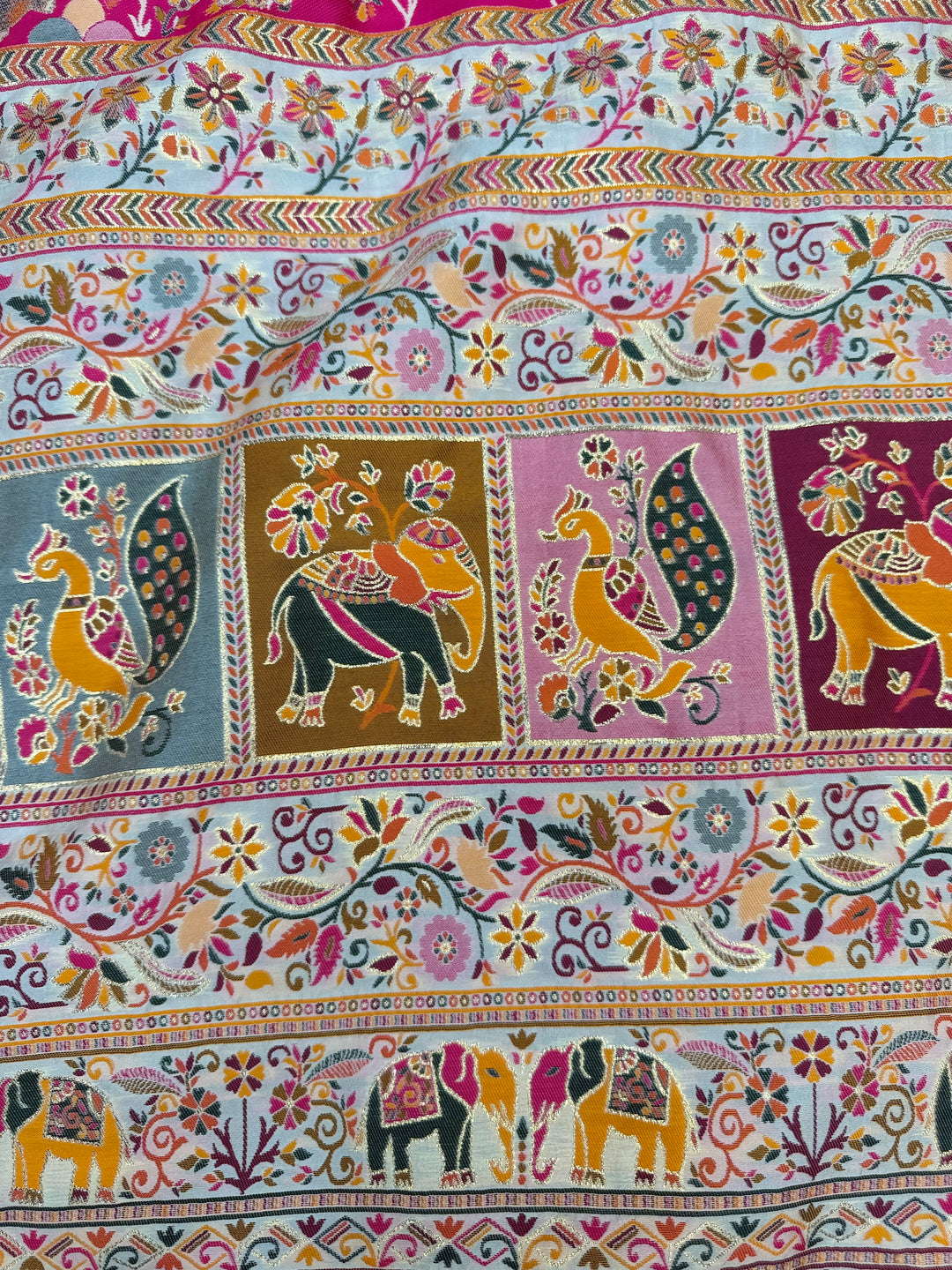 Floral Vine Design and Rich Pink Border Premium Pashmina Saree