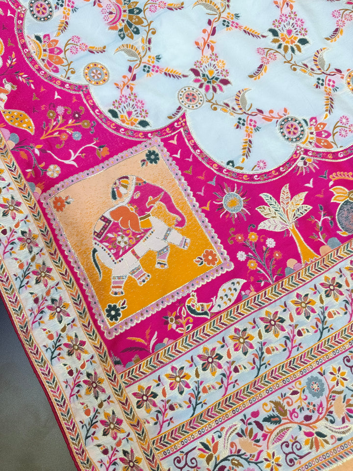 Floral Vine Design and Rich Pink Border Premium Pashmina Saree