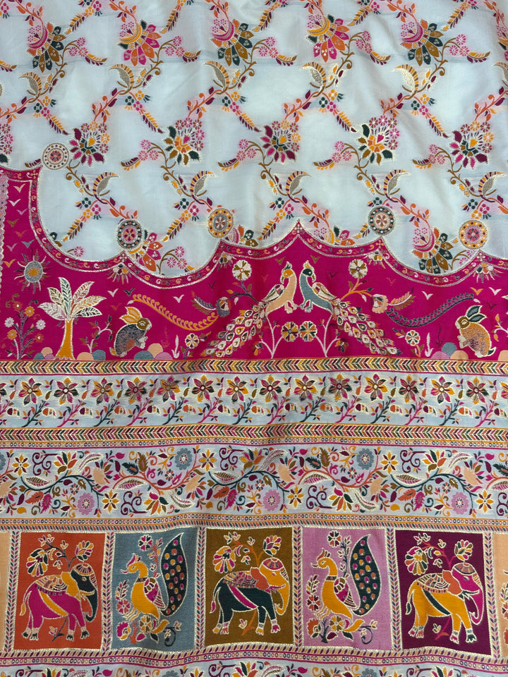 Floral Vine Design and Rich Pink Border Premium Pashmina Saree
