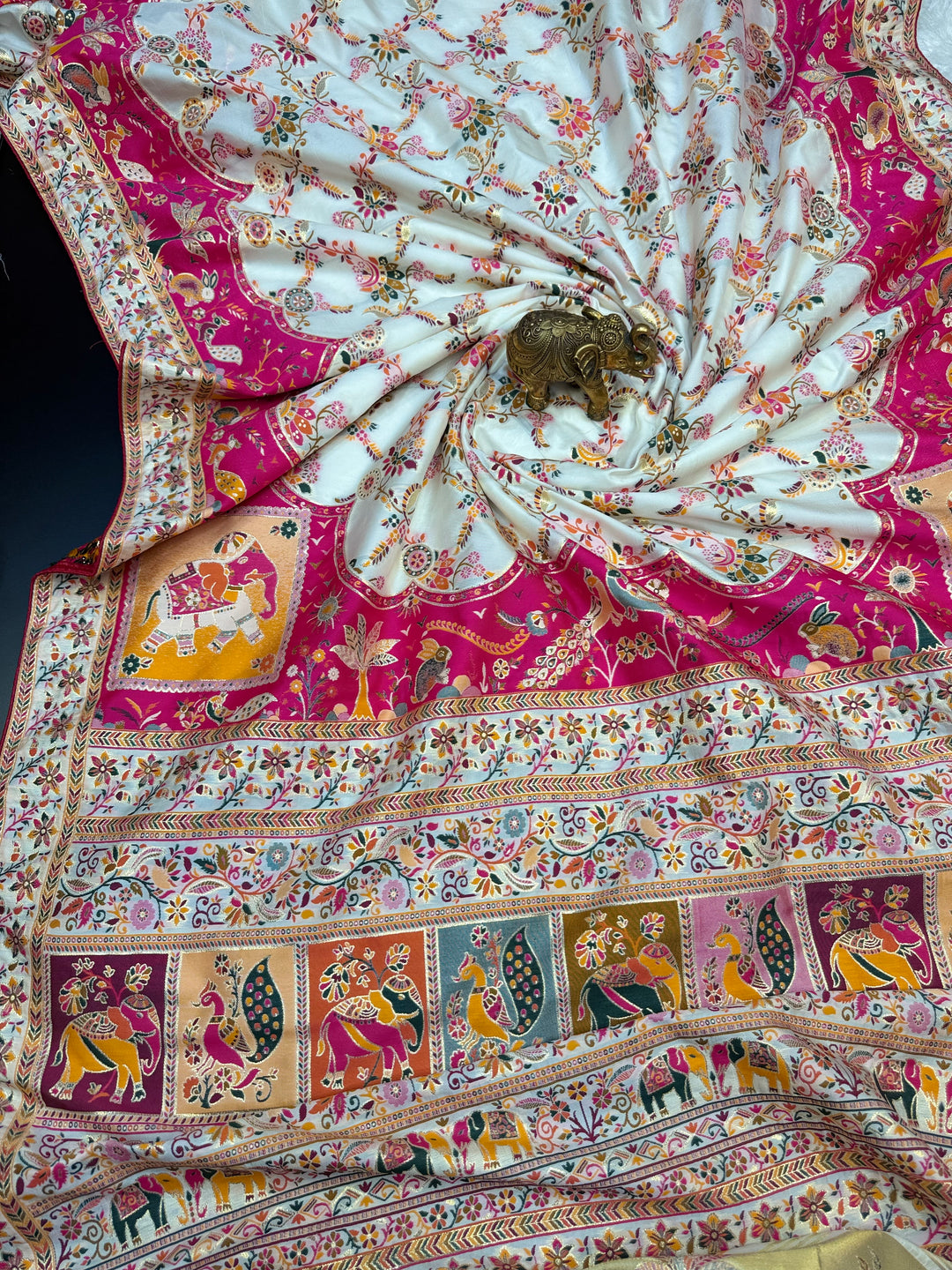 Floral Vine Design and Rich Pink Border Premium Pashmina Saree