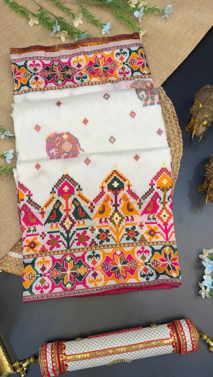 Premium Patola Design Pashmina Saree with Intricate Multicolor Woven Border &amp; Pallu