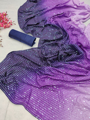 Purple Satin Fancy Sequence Work Saree