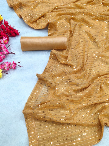 Golden Satin Fancy Sequence Work Saree