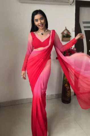 Allure 1-Minute Ready To Wear Red and Baby Pink Georgette Saree