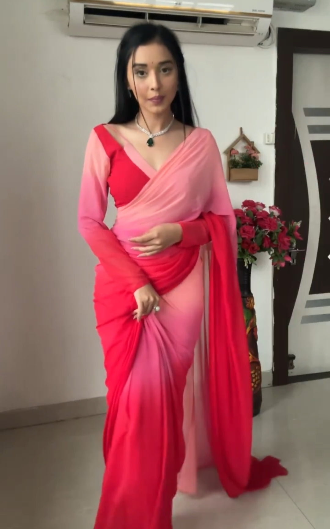 Allure 1-Minute Ready To Wear Red and Baby Pink Georgette Saree