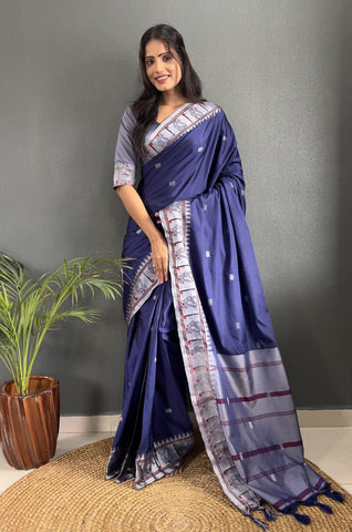 Navy Blue Color Pure Paithani Silk Saree With Muniya Boder And Silver Zari Weaving Work Saree