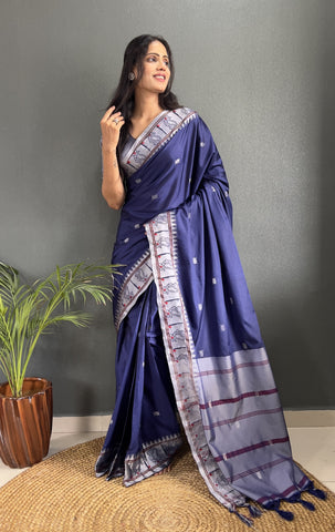 Navy Blue Color Pure Paithani Silk Saree With Muniya Boder And Silver Zari Weaving Work Saree