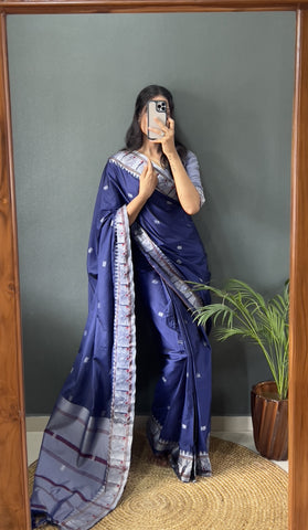 Navy Blue Color Pure Paithani Silk Saree With Muniya Boder And Silver Zari Weaving Work Saree