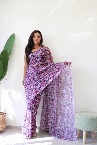 Petrichor 1-Minute Ready To Wear Purple Georgette Saree