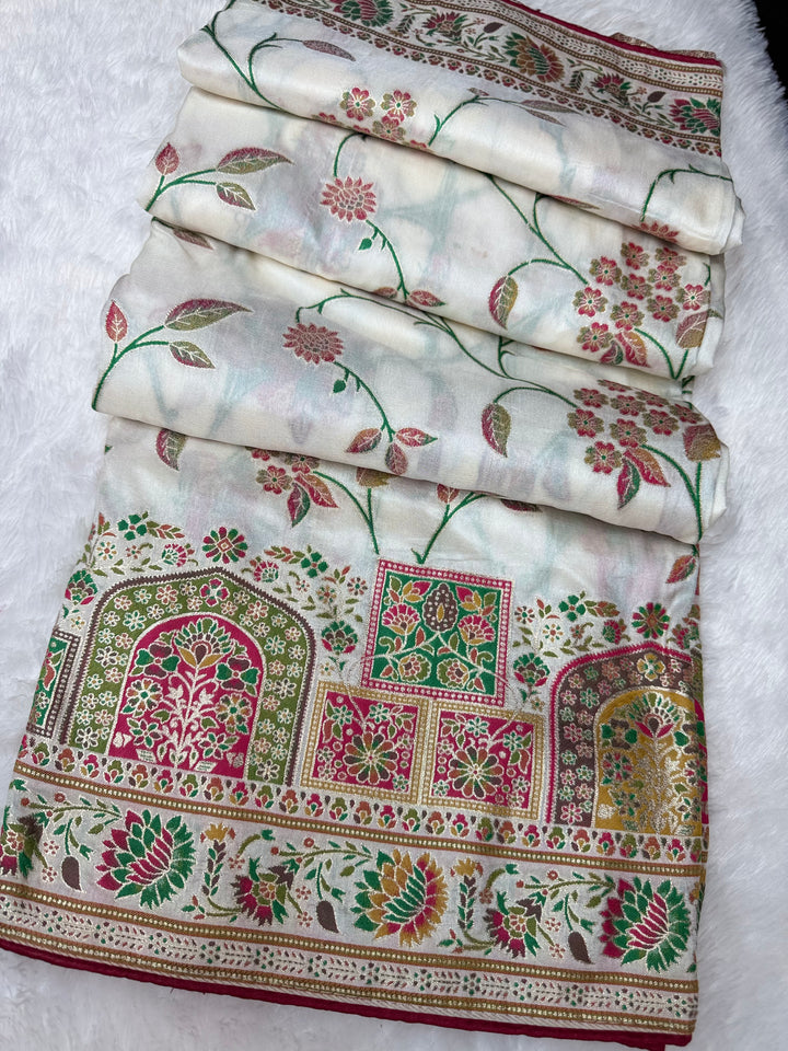 Elegant White Woven Saree with Intricate Floral Motifs &amp; Rich Zari Border