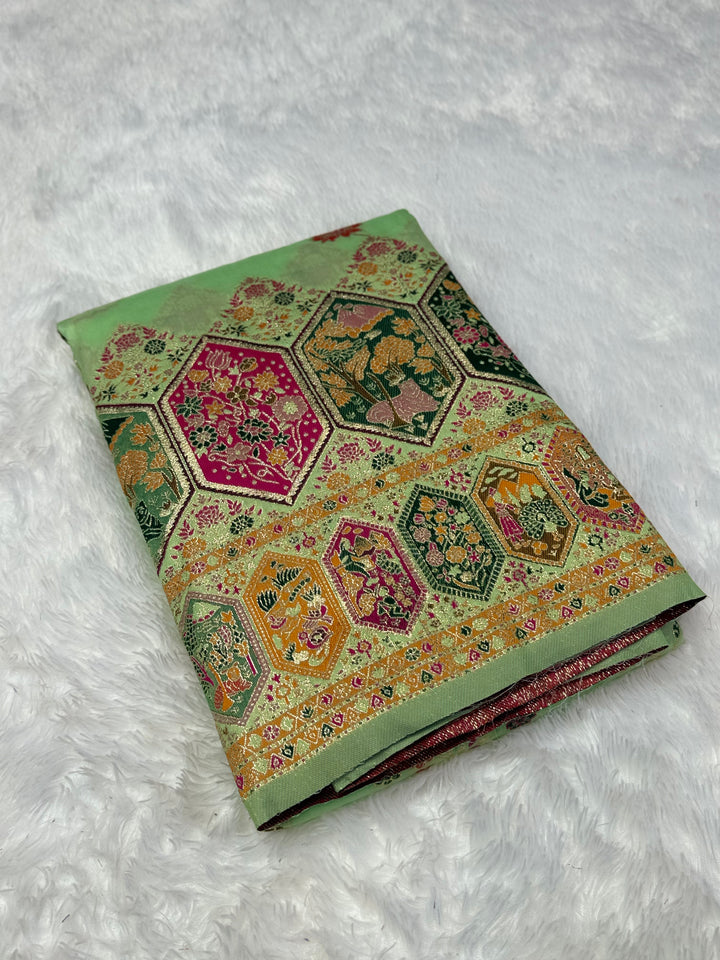 Royal  Pashmina Saree with Traditional Narrative Motifs &amp; Designer Meenakari Border-PISTA