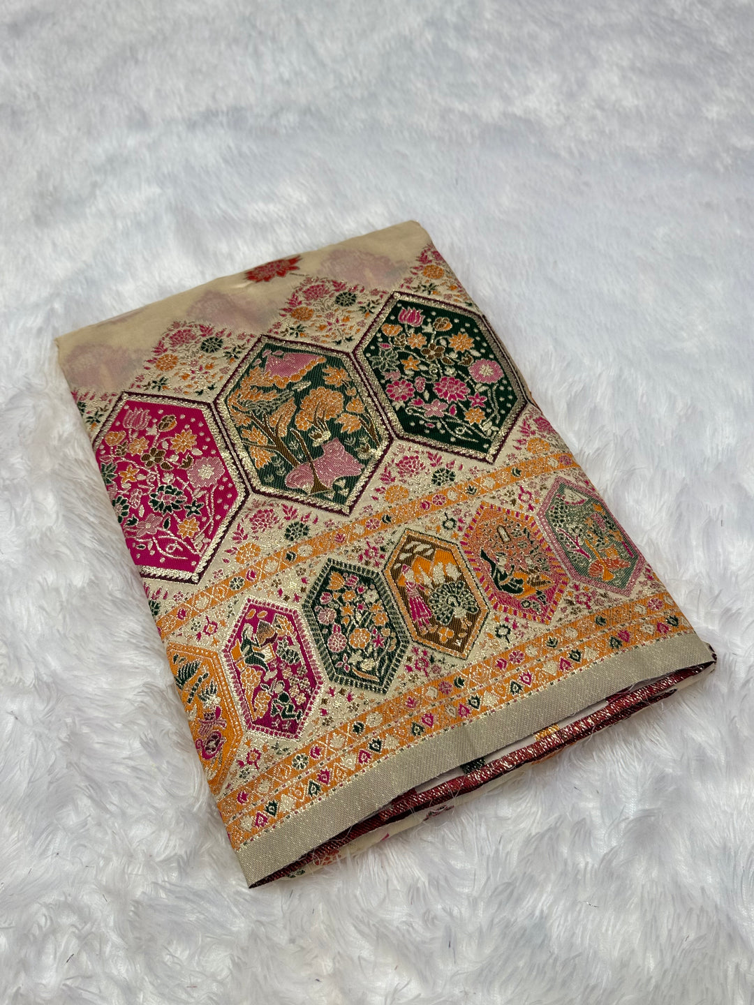 Royal  Pashmina Saree with Traditional Narrative Motifs &amp; Designer Meenakari Border-OFF WHITE