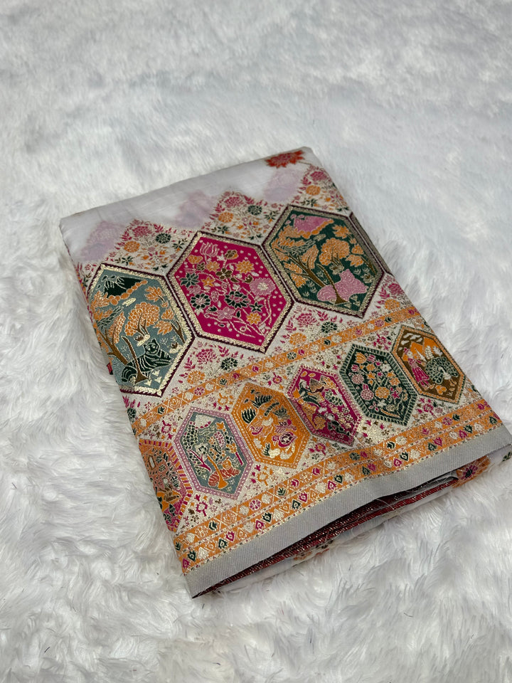 Royal  Pashmina Saree with Traditional Narrative Motifs &amp; Designer Meenakari Border-WHITE