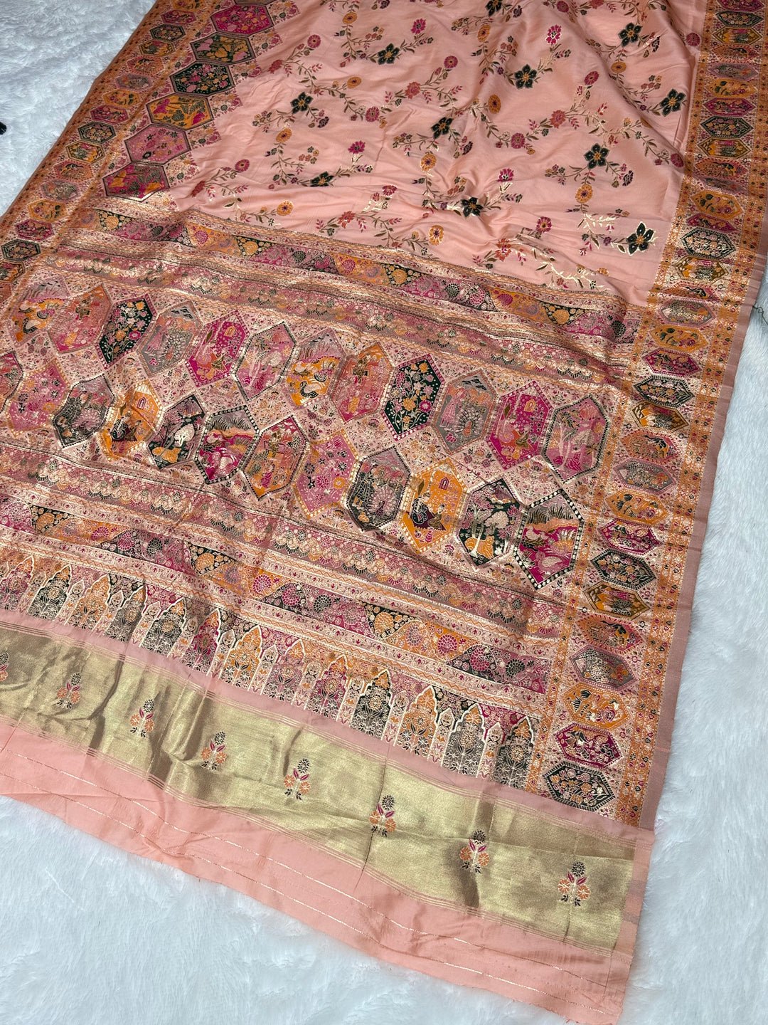 Royal  Pashmina Saree with Traditional Narrative Motifs &amp; Designer Meenakari Border-PEACH