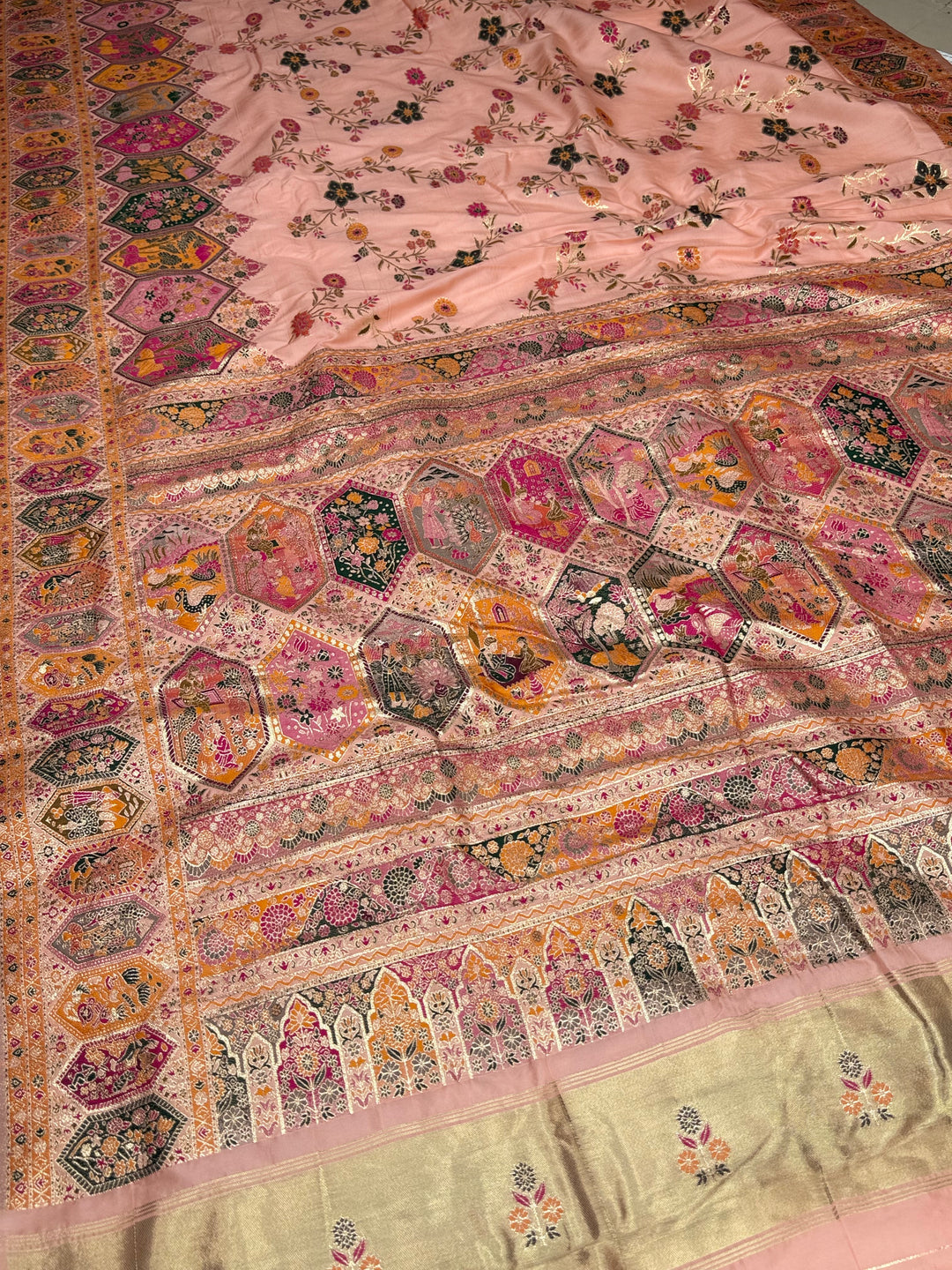 Royal  Pashmina Saree with Traditional Narrative Motifs &amp; Designer Meenakari Border-PEACH
