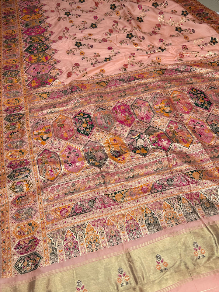 Royal  Pashmina Saree with Traditional Narrative Motifs &amp; Designer Meenakari Border-PEACH