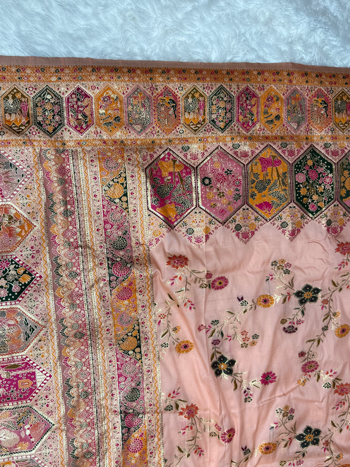 Royal  Pashmina Saree with Traditional Narrative Motifs &amp; Designer Meenakari Border-PEACH