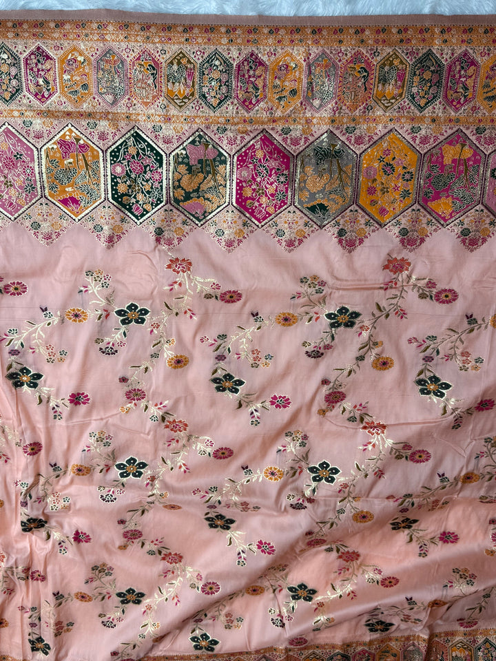 Royal  Pashmina Saree with Traditional Narrative Motifs &amp; Designer Meenakari Border-PEACH