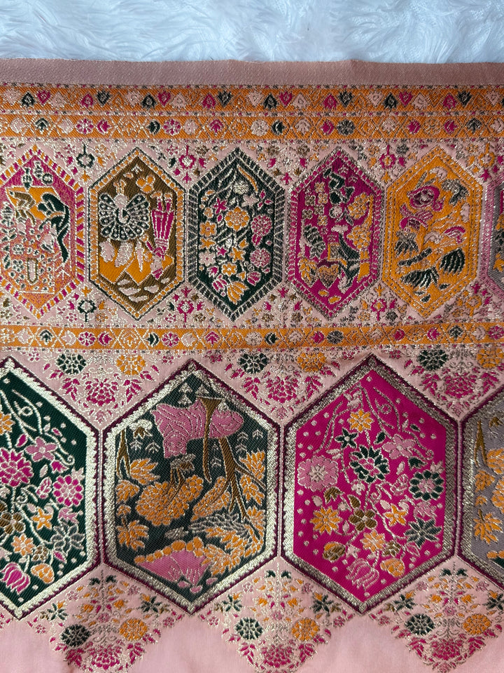 Royal  Pashmina Saree with Traditional Narrative Motifs &amp; Designer Meenakari Border-PEACH