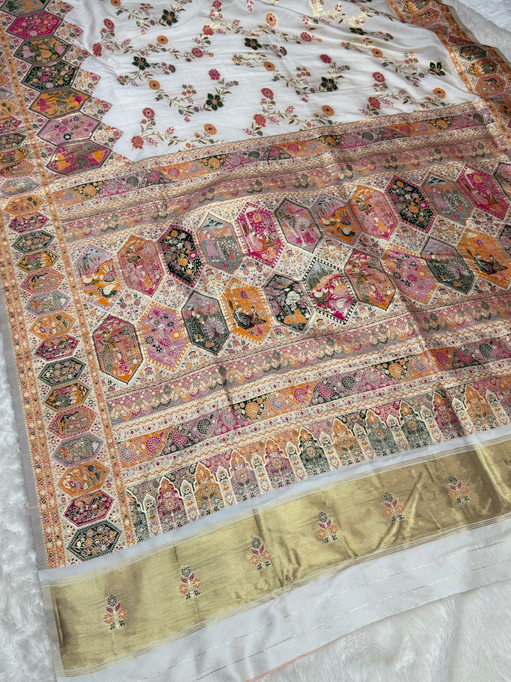 Royal  Pashmina Saree with Traditional Narrative Motifs &amp; Designer Meenakari Border-WHITE