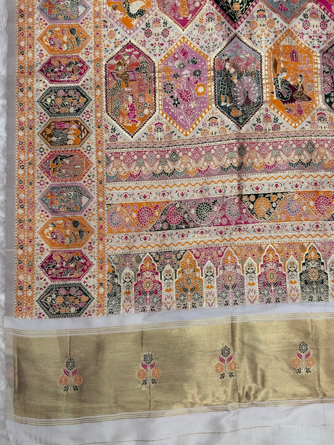 Royal  Pashmina Saree with Traditional Narrative Motifs &amp; Designer Meenakari Border-WHITE