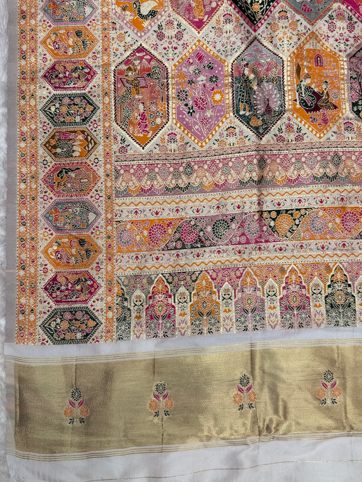 Royal  Pashmina Saree with Traditional Narrative Motifs &amp; Designer Meenakari Border-WHITE