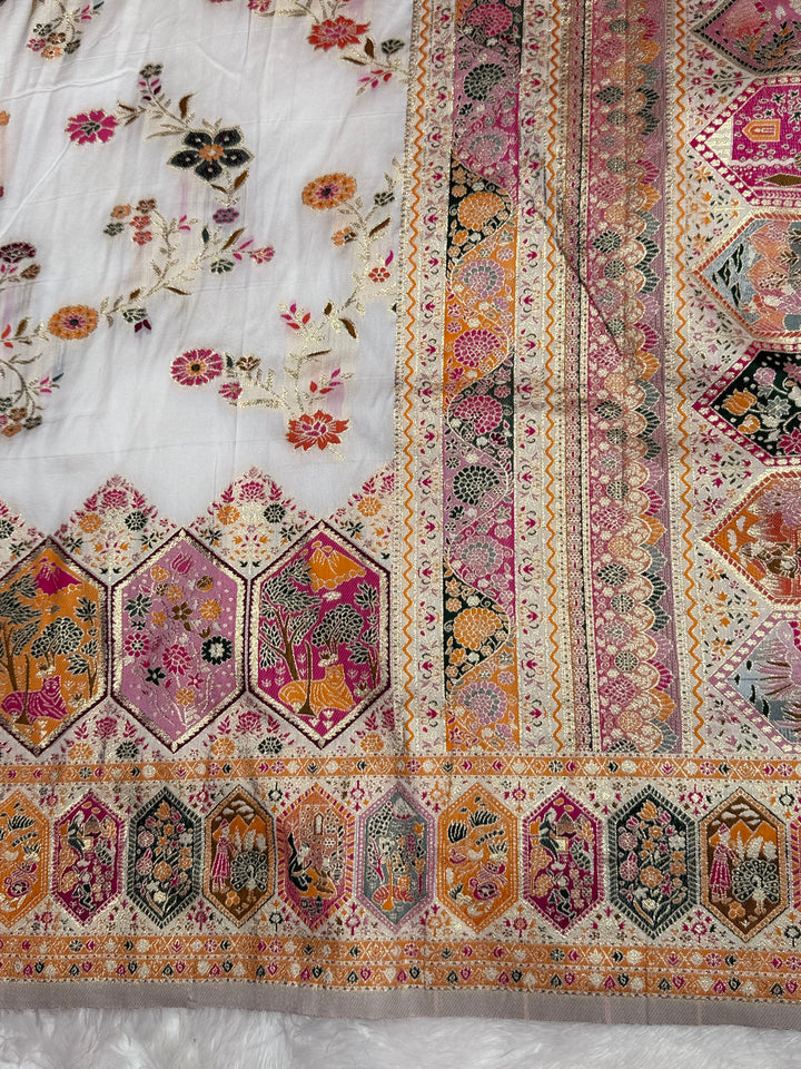 Royal  Pashmina Saree with Traditional Narrative Motifs &amp; Designer Meenakari Border-WHITE