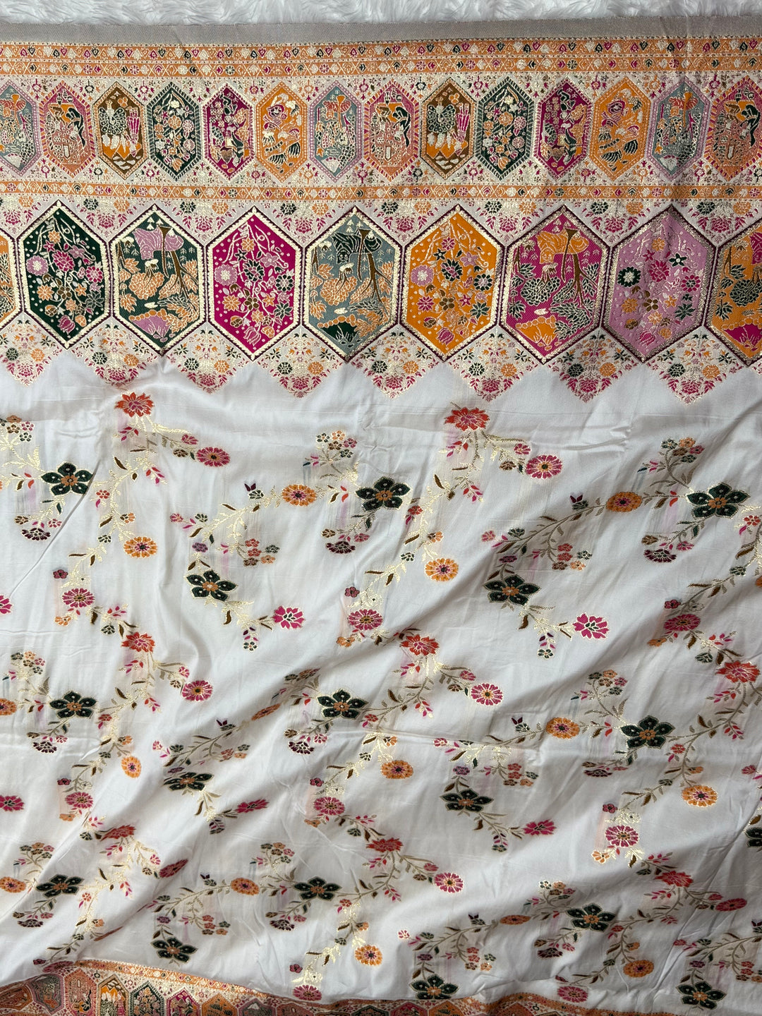 Royal  Pashmina Saree with Traditional Narrative Motifs &amp; Designer Meenakari Border-WHITE