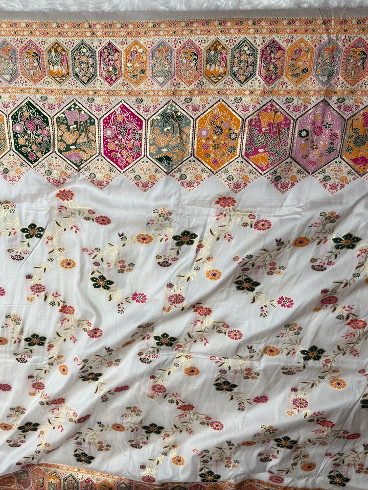 Royal  Pashmina Saree with Traditional Narrative Motifs &amp; Designer Meenakari Border-WHITE