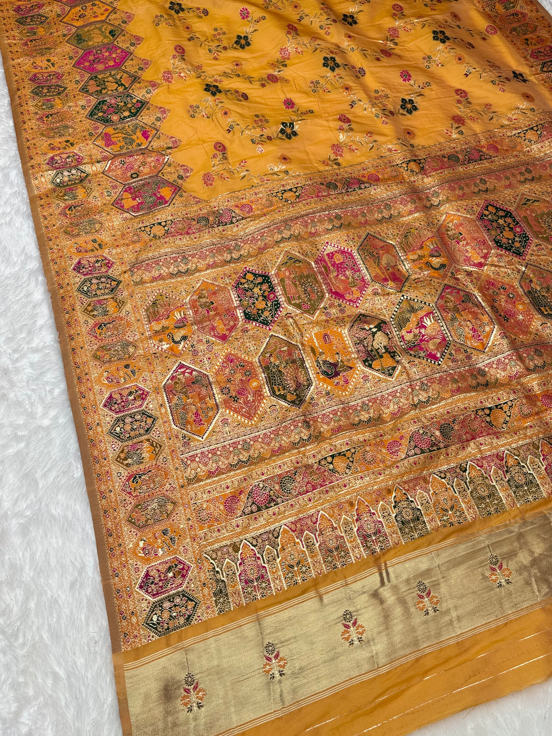 Royal  Pashmina Saree with Traditional Narrative Motifs &amp; Designer Meenakari Border-YELLOW